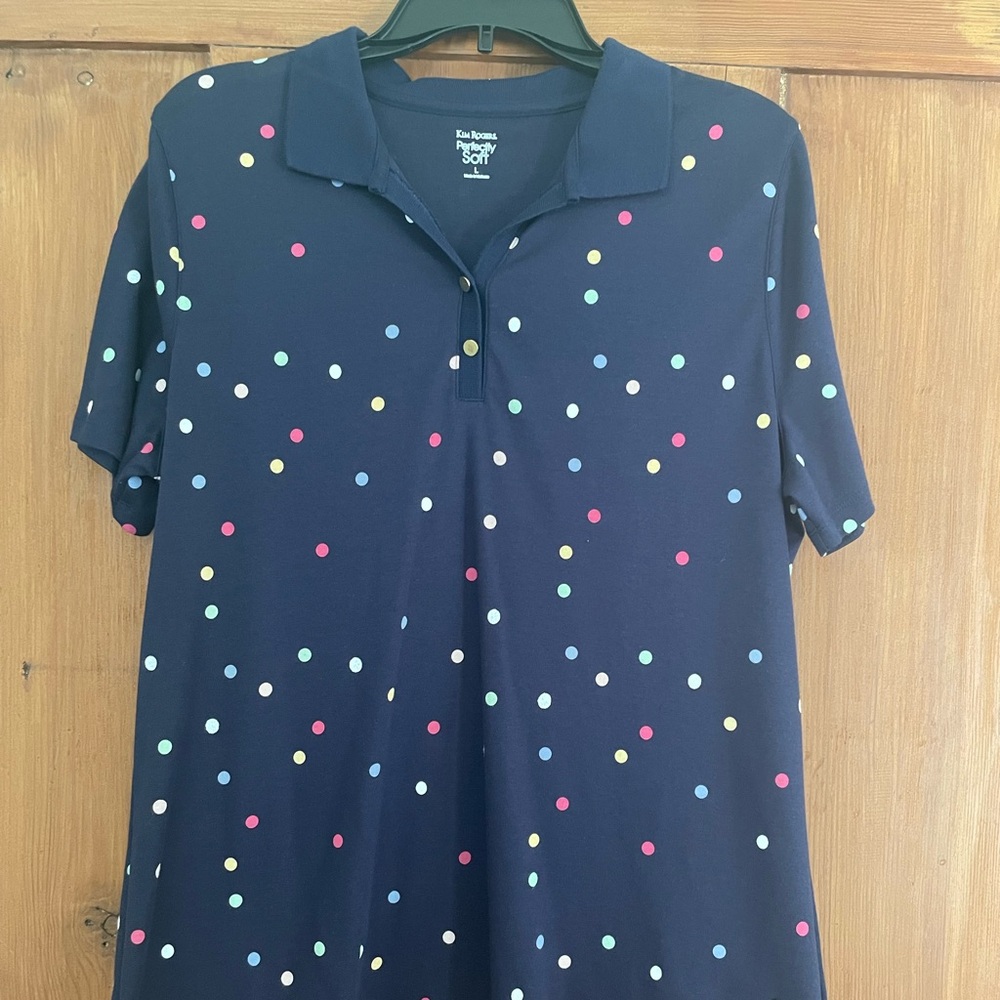 NWT Kim Rogers Navy Perfectly Soft Dot Knit Top L